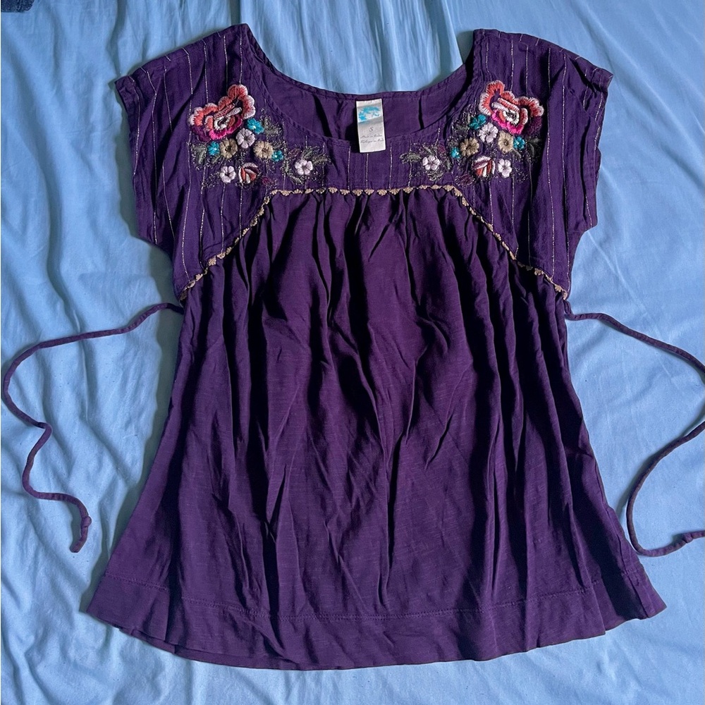 ANTHROPOLOGIE Eggplant Purple Embroidered Floral Metallic Threads Tee/TOP S